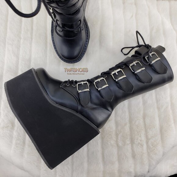 Swing 220 Multi Buckle Black Matte Leatherette Goth Mid-Calf Boot 5.5" Platforms - Picture 10 of 13
